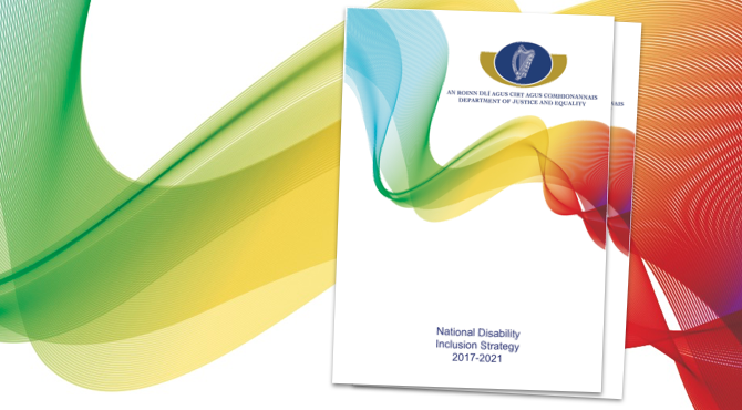 Image of front cover National Disability Inclusion Strategy document. The background is white with green, yellow and red illustrations on it.