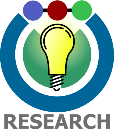 Image of yellow lightbulb on green and blue circle background with blue, red and green dots with the word research at bottom