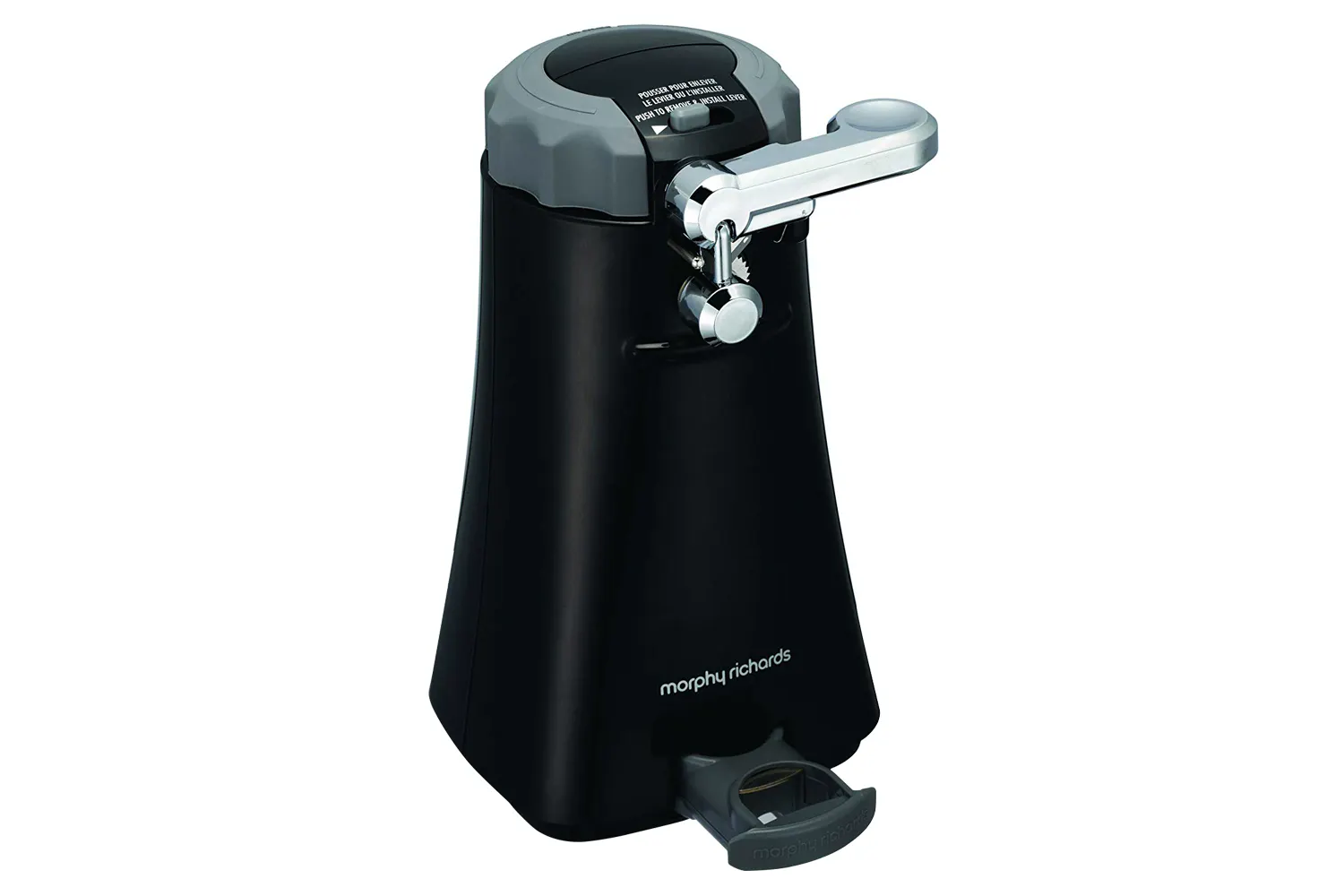 Image of a • Morphy Richards Multifunction Can Opener on a white background. The device is black colour.