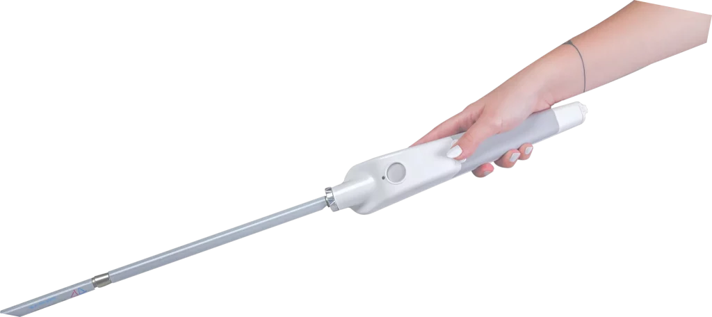Image of a hand holding a white WeWALK Smart Cane.